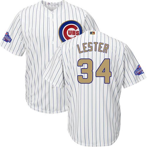 Cubs #34 Jon Lester White(Blue Strip) Gold Program Cool Base Stitched MLB Jersey - Click Image to Close
